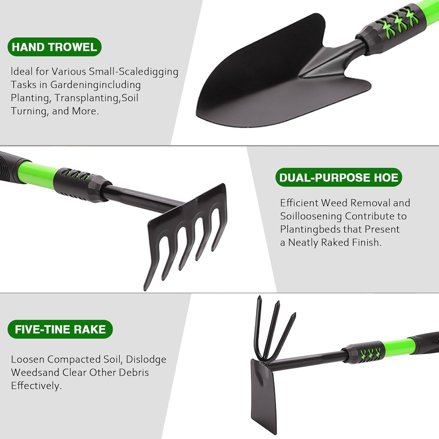Garden Tool Set, 3 Pack Gardening Tools, Stainless Steel Heavy Duty Hand Cultivator, Hoes, Shovel, for Planting Weeding Digging, Gardening Gifts for Women, Green