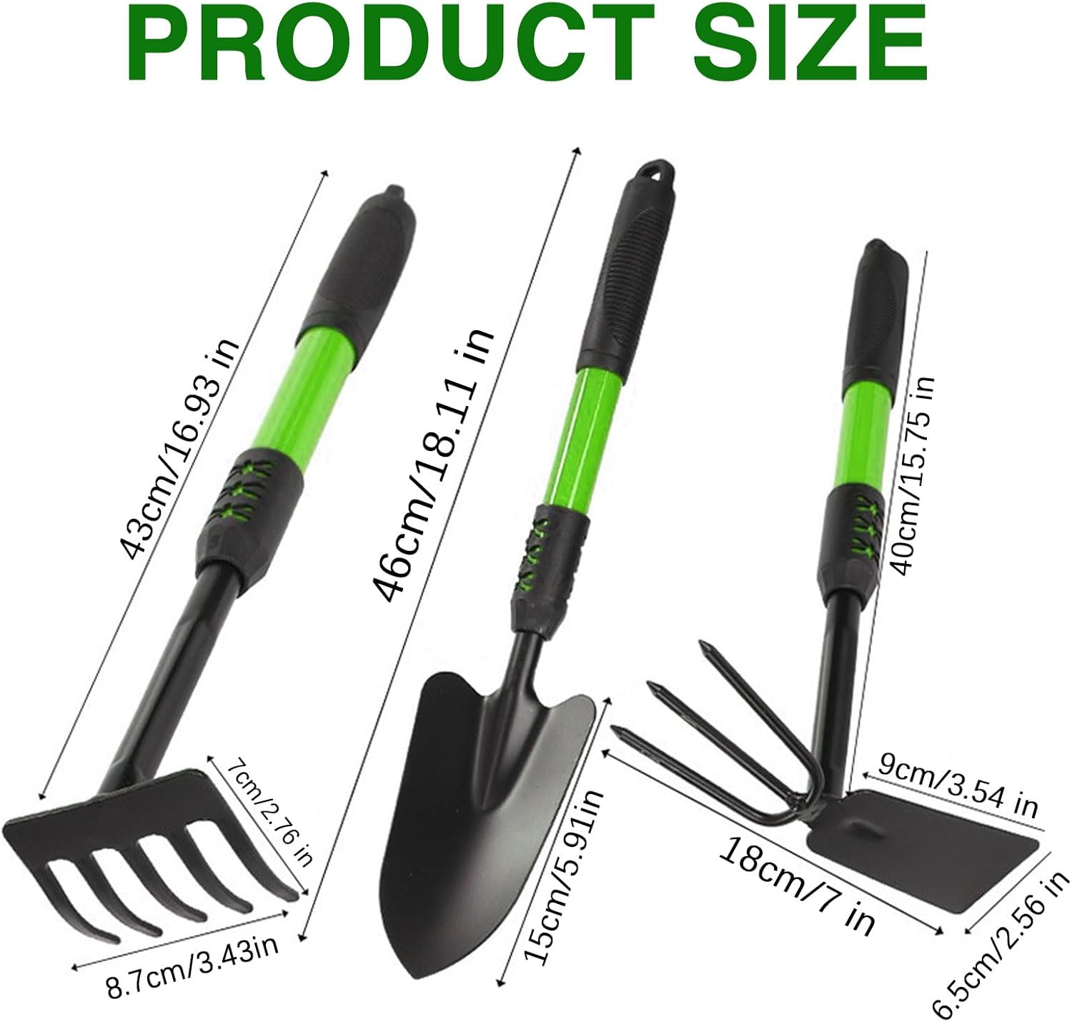 Garden Tool Set, 3 Pack Gardening Tools, Stainless Steel Heavy Duty Hand Cultivator, Hoes, Shovel, for Planting Weeding Digging, Gardening Gifts for Women, Green
