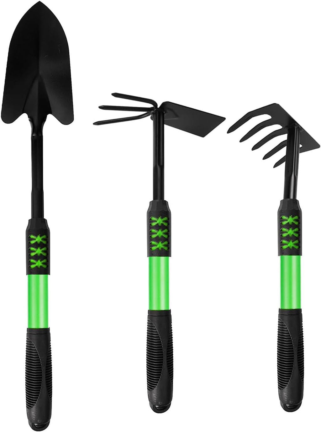 Garden Tool Set, 3 Pack Gardening Tools, Stainless Steel Heavy Duty Hand Cultivator, Hoes, Shovel, for Planting Weeding Digging, Gardening Gifts for Women, Green