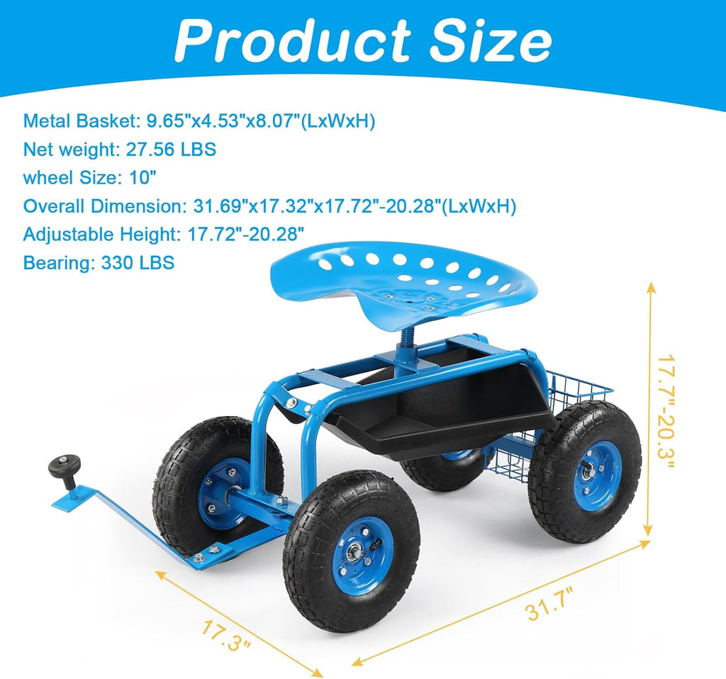 Garden Cart Gardening Stool for Planting, Rolling Garden Work Seat with Wheels, Swivel Seat, Garden Scooter with Steering Handle & Tool Tray, Garden Chair, Blue