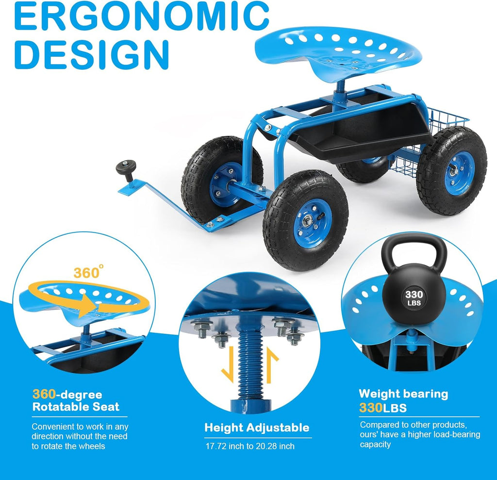 Garden Cart Gardening Stool for Planting, Rolling Garden Work Seat with Wheels, Swivel Seat, Garden Scooter with Steering Handle & Tool Tray, Garden Chair, Blue