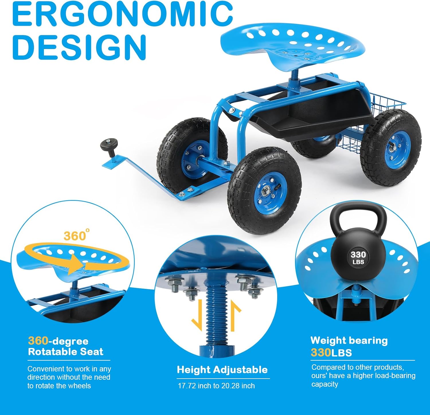 Garden Cart Gardening Stool for Planting, Rolling Garden Work Seat with Wheels, Swivel Seat, Garden Scooter with Steering Handle & Tool Tray, Garden Chair, Blue