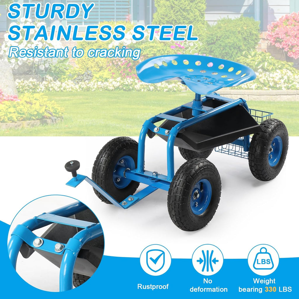 Garden Cart Gardening Stool for Planting, Rolling Garden Work Seat with Wheels, Swivel Seat, Garden Scooter with Steering Handle & Tool Tray, Garden Chair, Blue