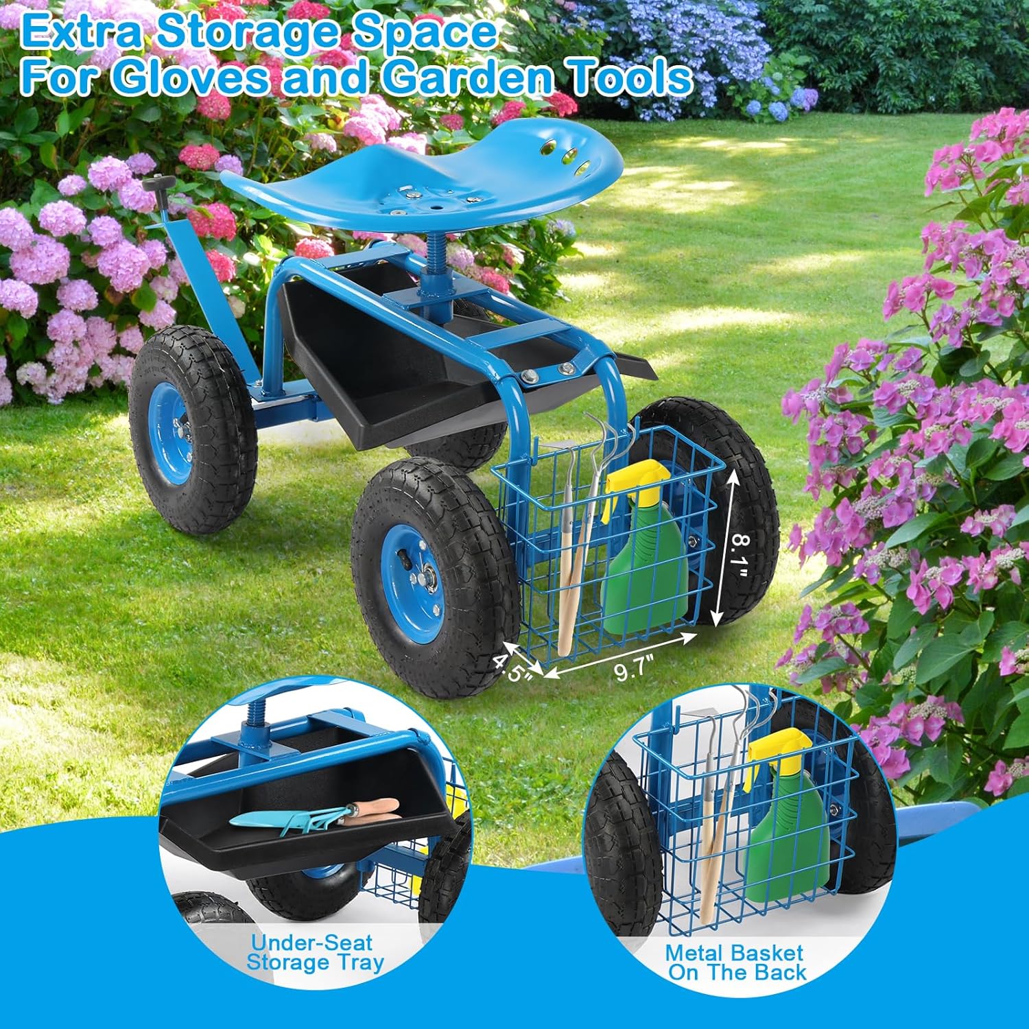Garden Cart Gardening Stool for Planting, Rolling Garden Work Seat with Wheels, Swivel Seat, Garden Scooter with Steering Handle & Tool Tray, Garden Chair, Blue