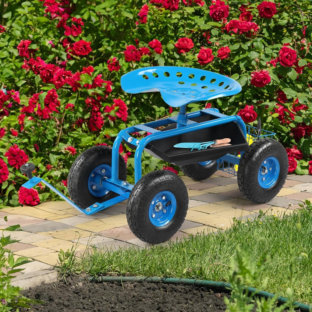 Garden Cart Gardening Stool for Planting, Rolling Garden Work Seat with Wheels, Swivel Seat, Garden Scooter with Steering Handle & Tool Tray, Garden Chair, Blue
