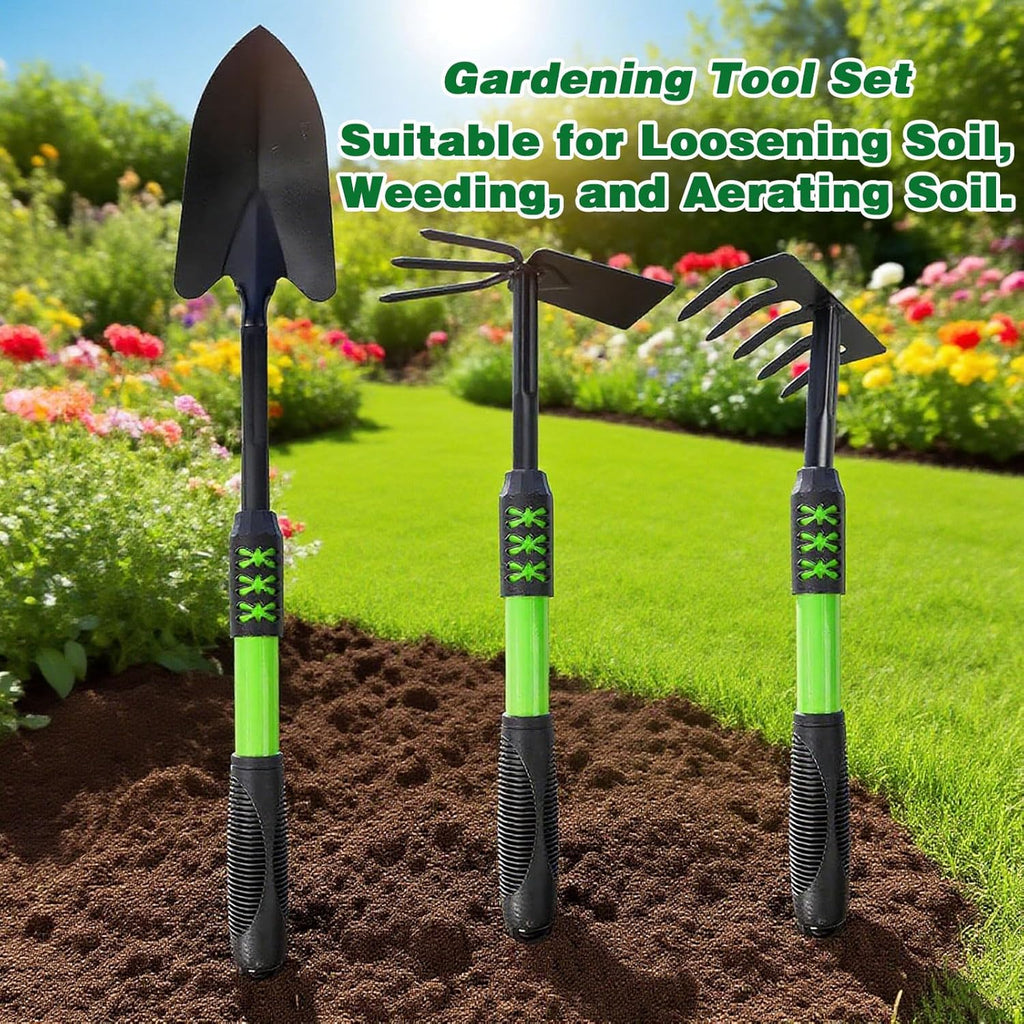 Garden Tool Set, 3 Pack Gardening Tools, Stainless Steel Heavy Duty Hand Cultivator, Hoes, Shovel, for Planting Weeding Digging, Gardening Gifts for Women, Green