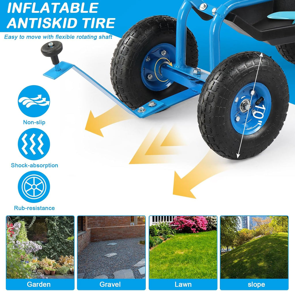 Garden Cart Gardening Stool for Planting, Rolling Garden Work Seat with Wheels, Swivel Seat, Garden Scooter with Steering Handle & Tool Tray, Garden Chair, Blue